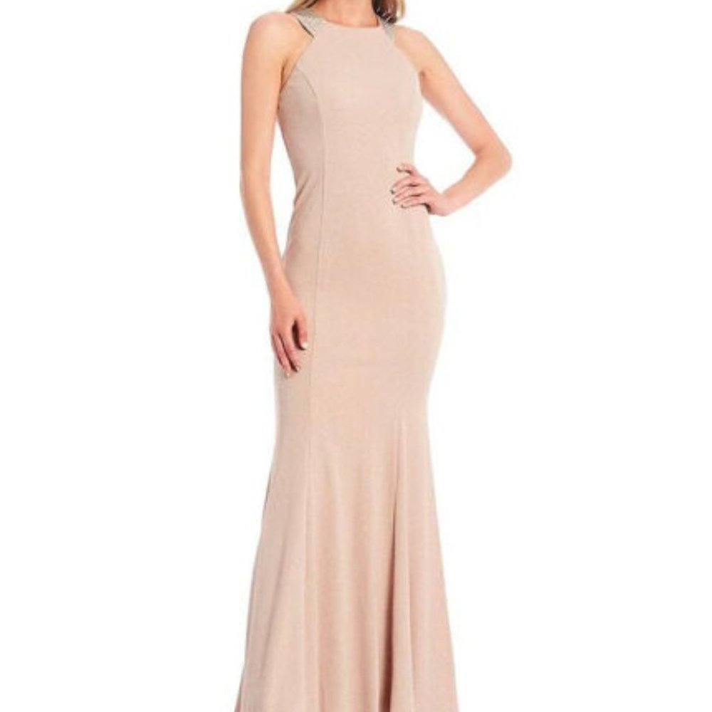 🩷NWT CALVIN KLEIN DRESS FORMAL GOWN Gorgeous CHAMPAGNE Embellished Metallic,2